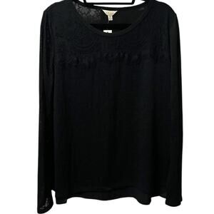 ADIVA Black Lace Long Sleeve Top Women’s XL Sheer Panel Scoop Neck Layered NWT
